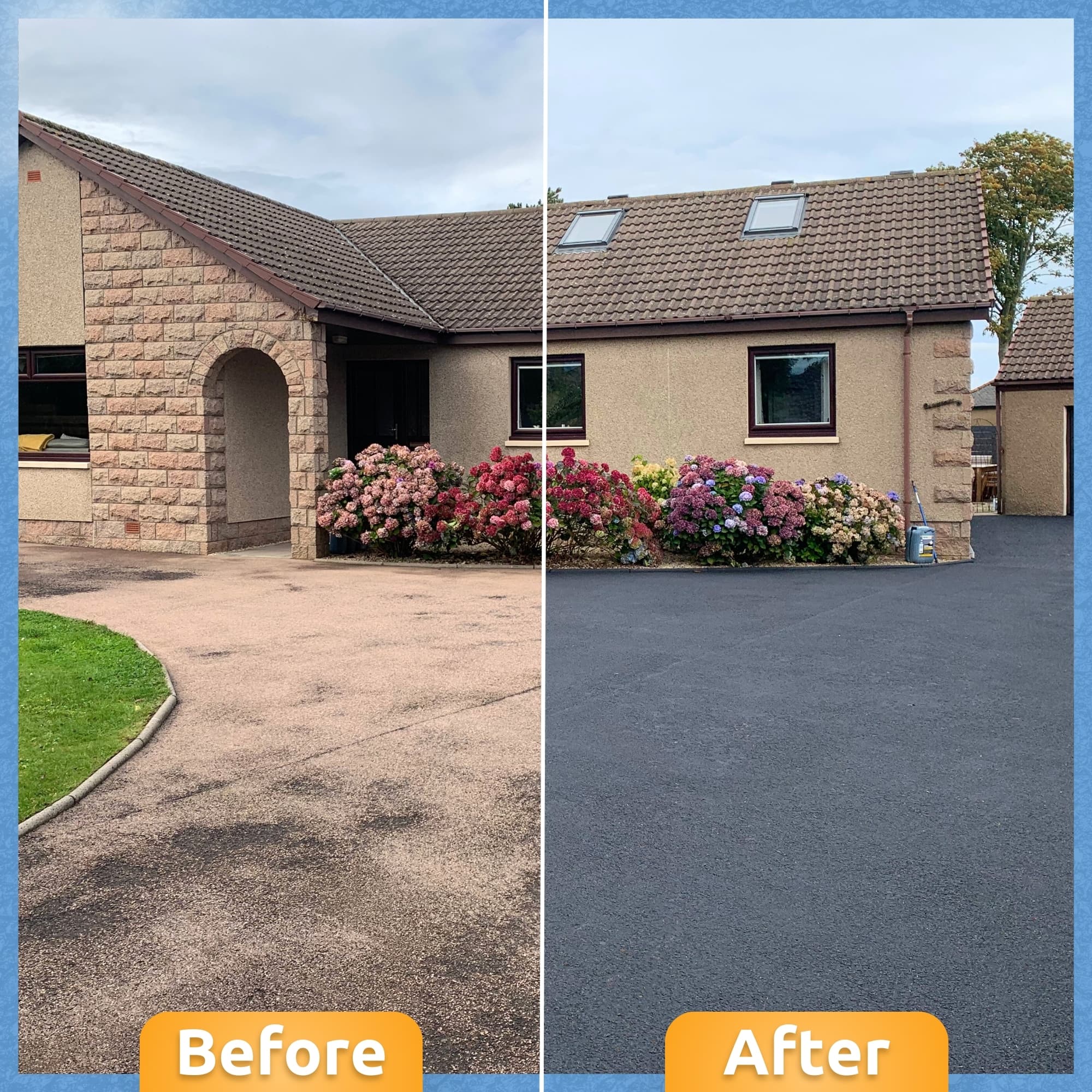 Featured before and after bungalow driveway restored to deep black tarmac