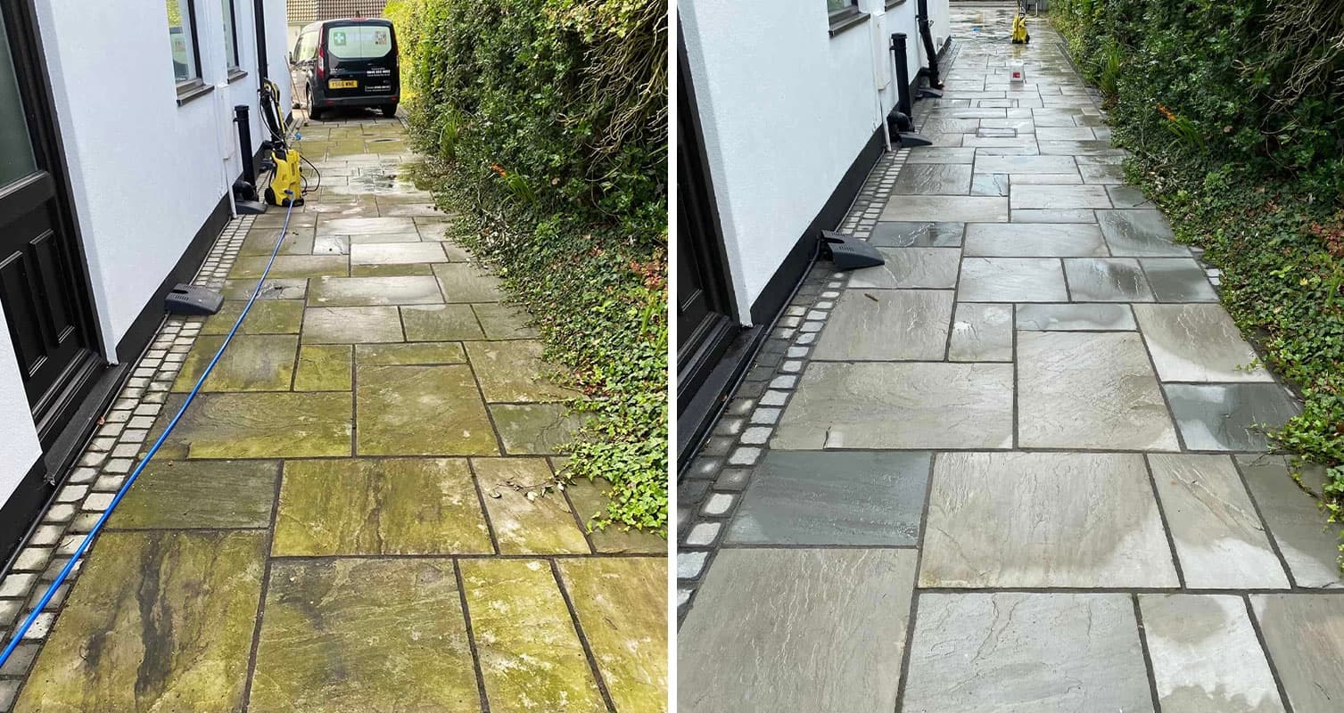 Before and after patio path pressure washed from green algae to clean stone