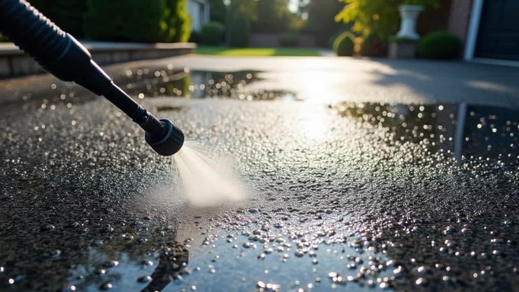 Pressure washer lance cleaning wet asphalt in sunlight